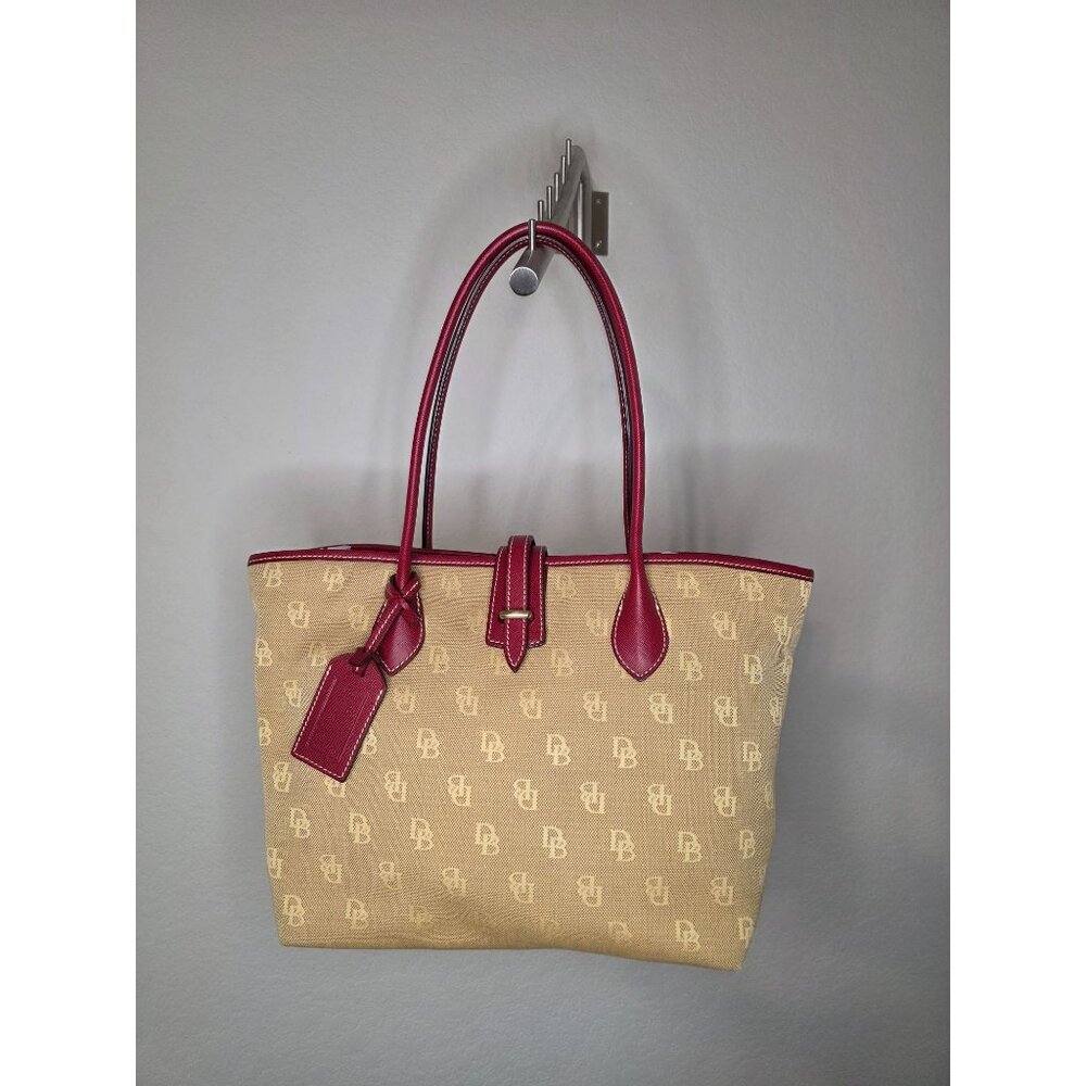Dooney & Bourke DB Canvas Tote Bag Beige Red Leather Trim Medium - Picture 1 of 9